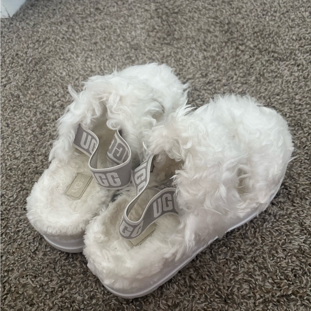 UGG White Fluff Slides with Branded Elastic Strap